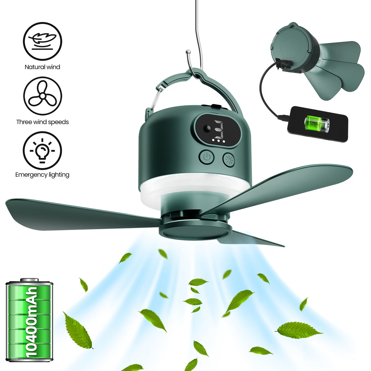 USB Rechargeable Camping Fan with LED Light