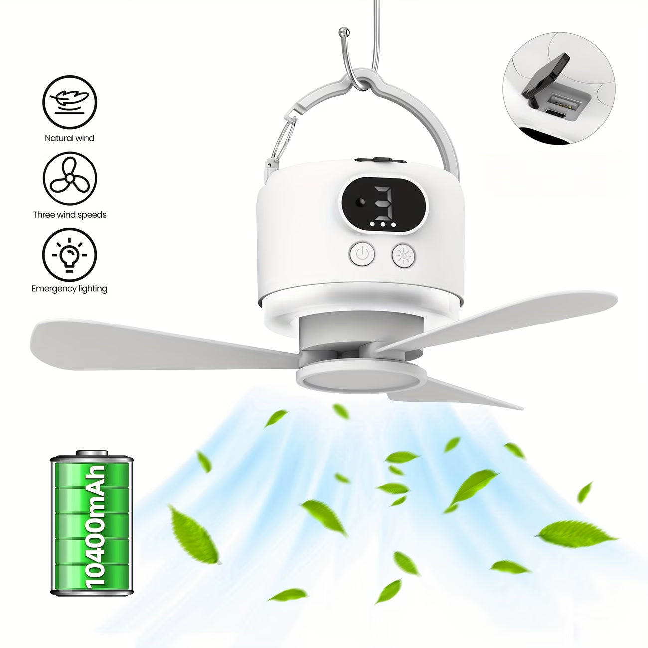 USB Rechargeable Camping Fan with LED Light